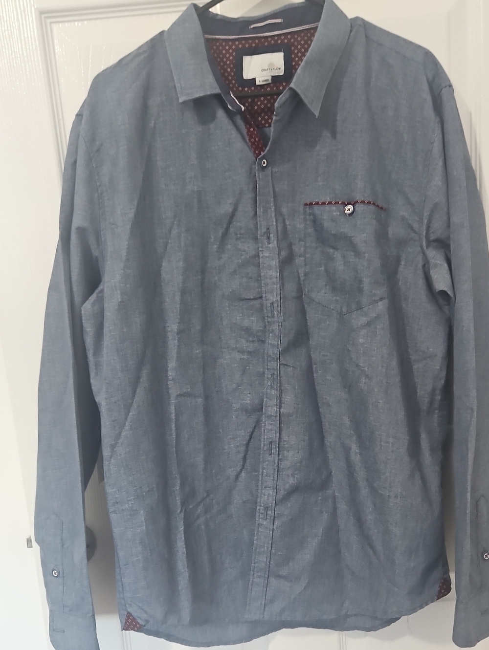 Craft + Flow Men’s Blue Chambray Long Sleeve Button Up Shirt XL Geometric Trim